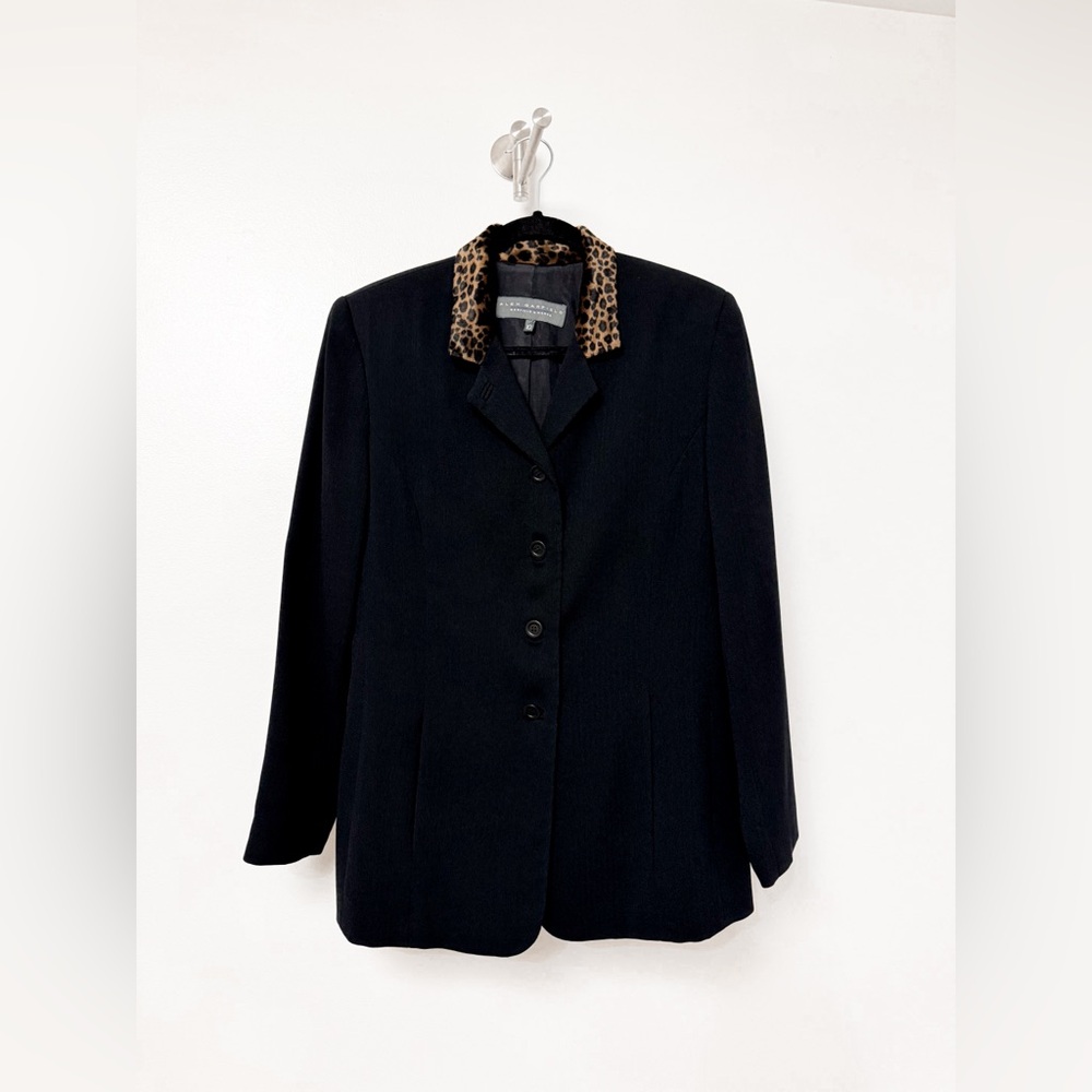 Vintage Alex Garfield Blazer with Leopard Faux Fur Trim Collar Black 10‎